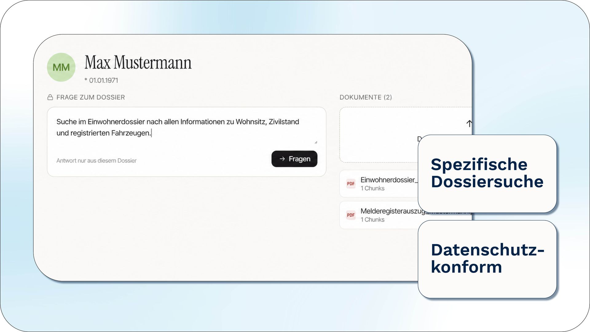 KI-gestützte Suche in einem Einwohnerdossier nach Wohnsitz, Zivilstand und registrierten Fahrzeugen