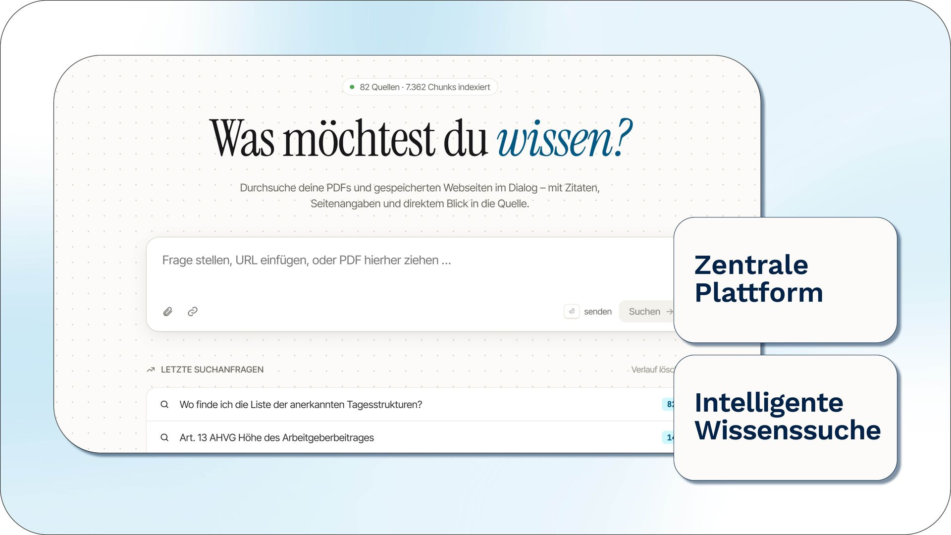 Zentrale Plattform für intelligente Wissenssuche in PDFs und gespeicherten Webseiten