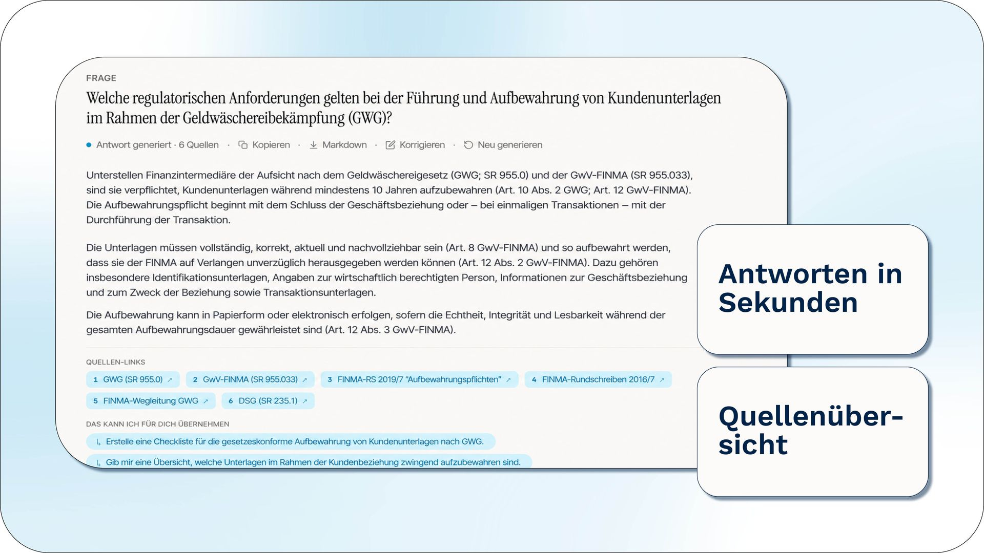 KI-generierte Antwort zu regulatorischen Anforderungen für Finanzdienstleister mit referenzierten Quellen