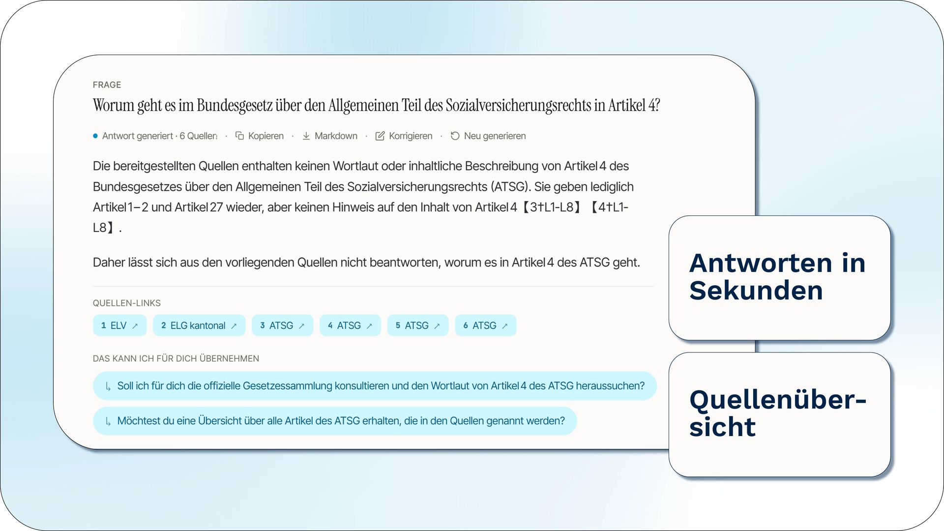 KI-generierte Antwort auf eine Wissensfrage mit Quellenangaben und weiterführenden Vorschlägen