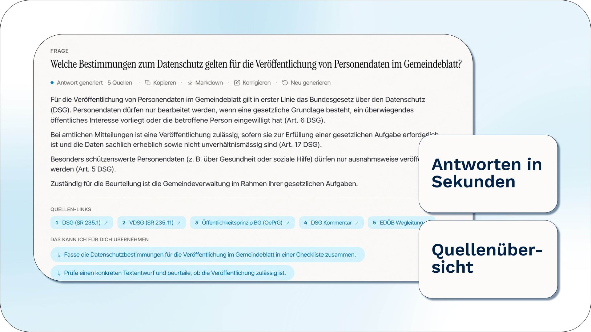 KI-generierte Antwort zu Datenschutzbestimmungen in der Verwaltung mit nachvollziehbaren Quellenangaben